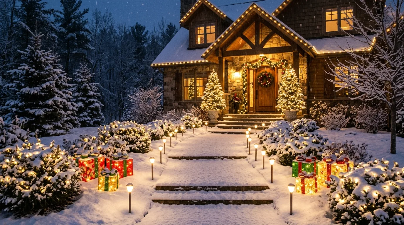 Use oversized accents with restraint inspiration for an outdoor holiday display.
